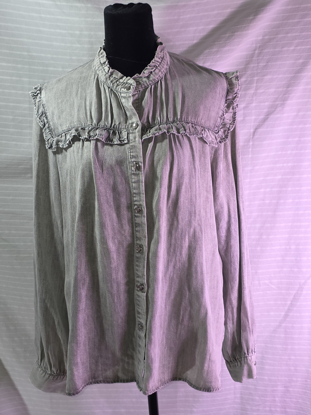 Jane & Delancey Women's Ruffled Yoke Button-Up Blouse - Gray, Large
